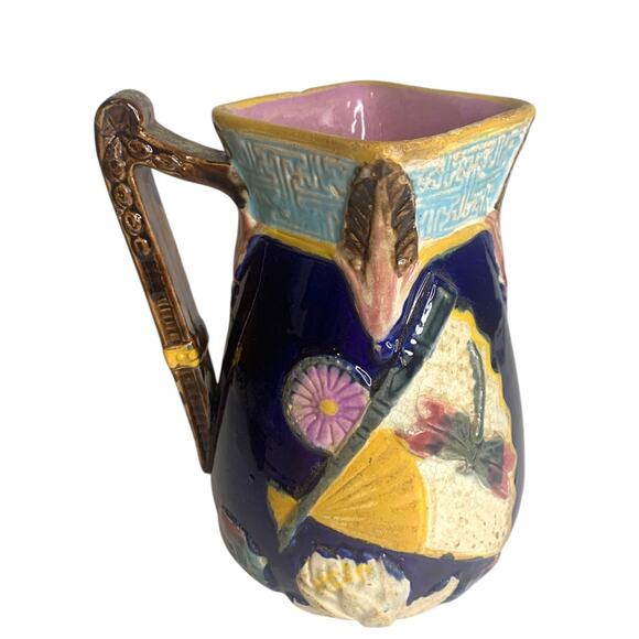 Antique Majolica Pitcher Dragonfly Lotus Fan Floral 1850s Eureka (?)